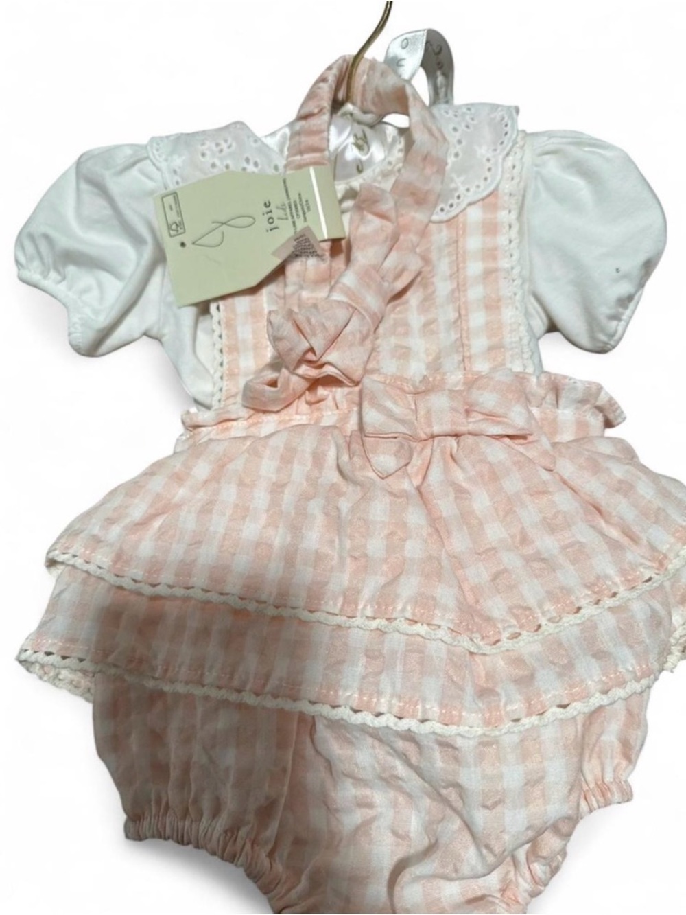 NWT Joie Baby Pink Gingham Ruffle Romper with White Eyelet Collar